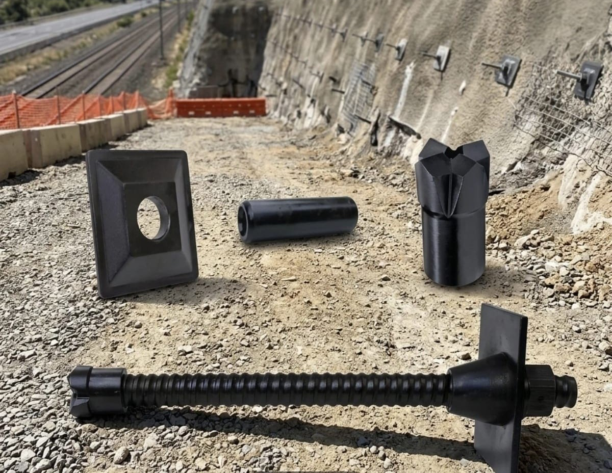FBT composite fibre bolt components displayed on a mine installation site